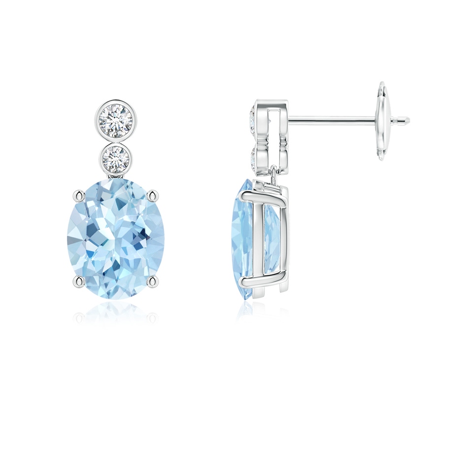 9x7mm AAA Oval Aquamarine Dangle Earrings with Bezel-Set Diamonds in White Gold 