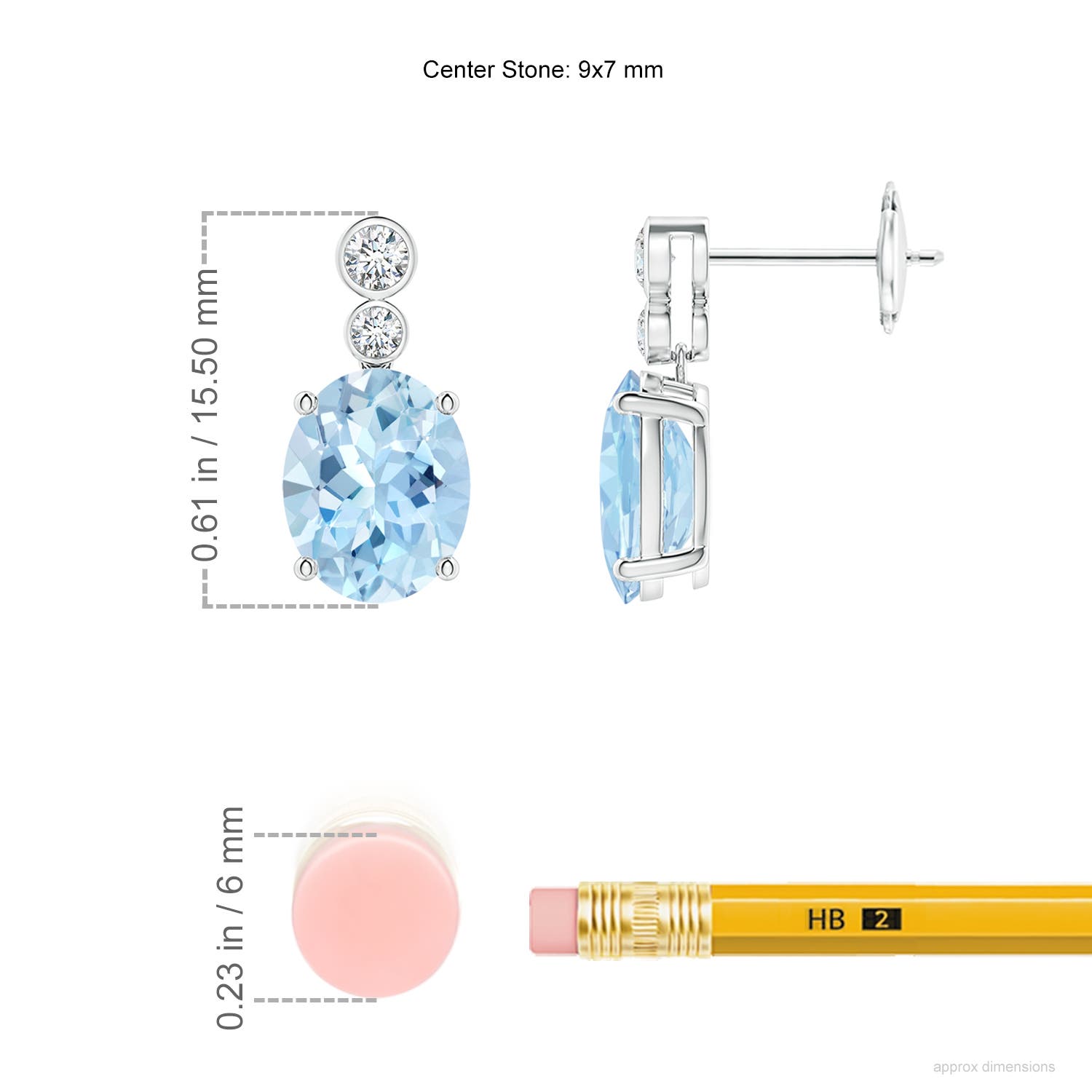 9x7mm AAA Oval Aquamarine Dangle Earrings with Bezel-Set Diamonds in White Gold - ruler