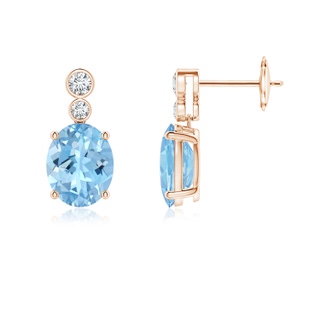9x7mm AAAA Oval Aquamarine Dangle Earrings with Bezel-Set Diamonds in 10K Rose Gold
