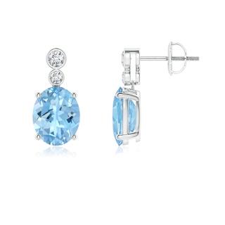 9x7mm AAAA Oval Aquamarine Dangle Earrings with Bezel-Set Diamonds in P950 Platinum