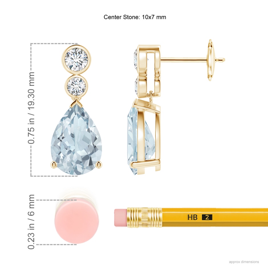 10x7mm A Pear Aquamarine Dangle Earrings with Bezel-Set Diamonds in Yellow Gold ruler