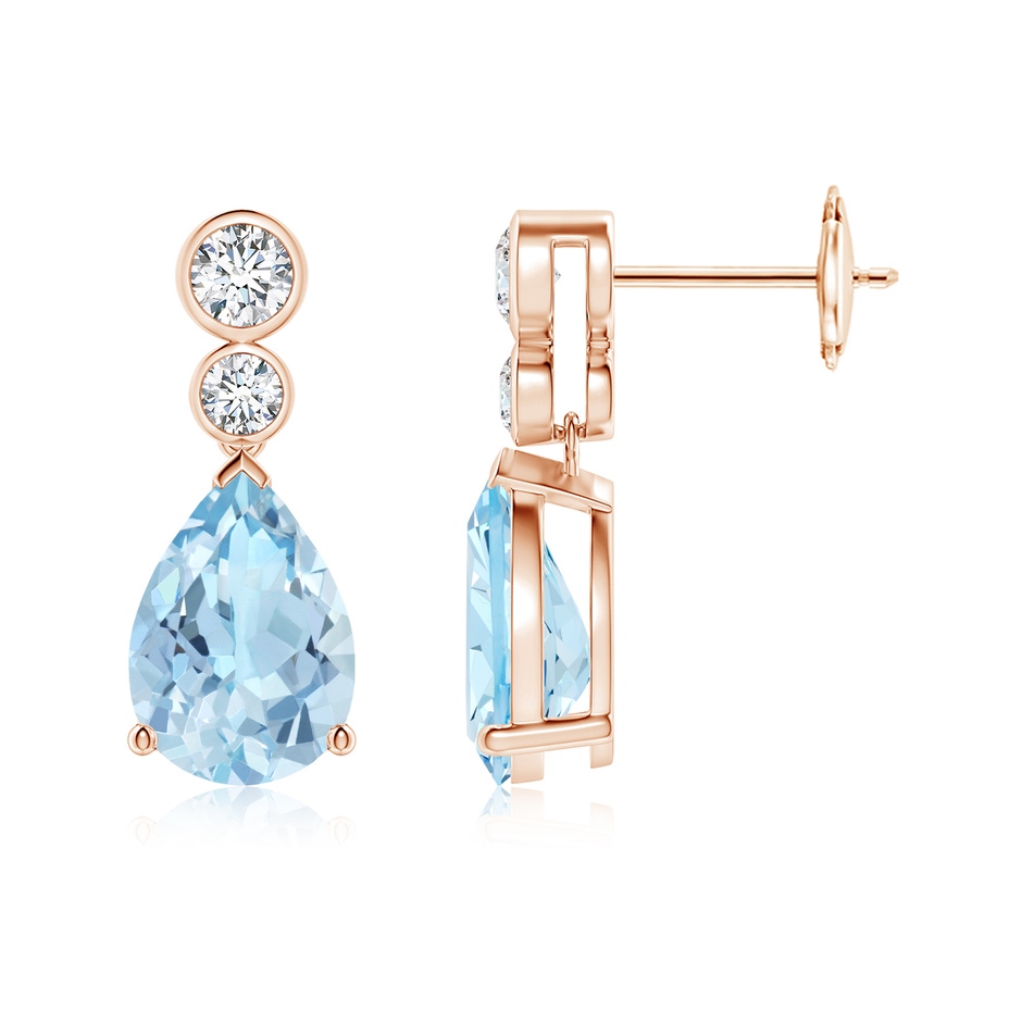 10x7mm AAA Pear Aquamarine Dangle Earrings with Bezel-Set Diamonds in Rose Gold 