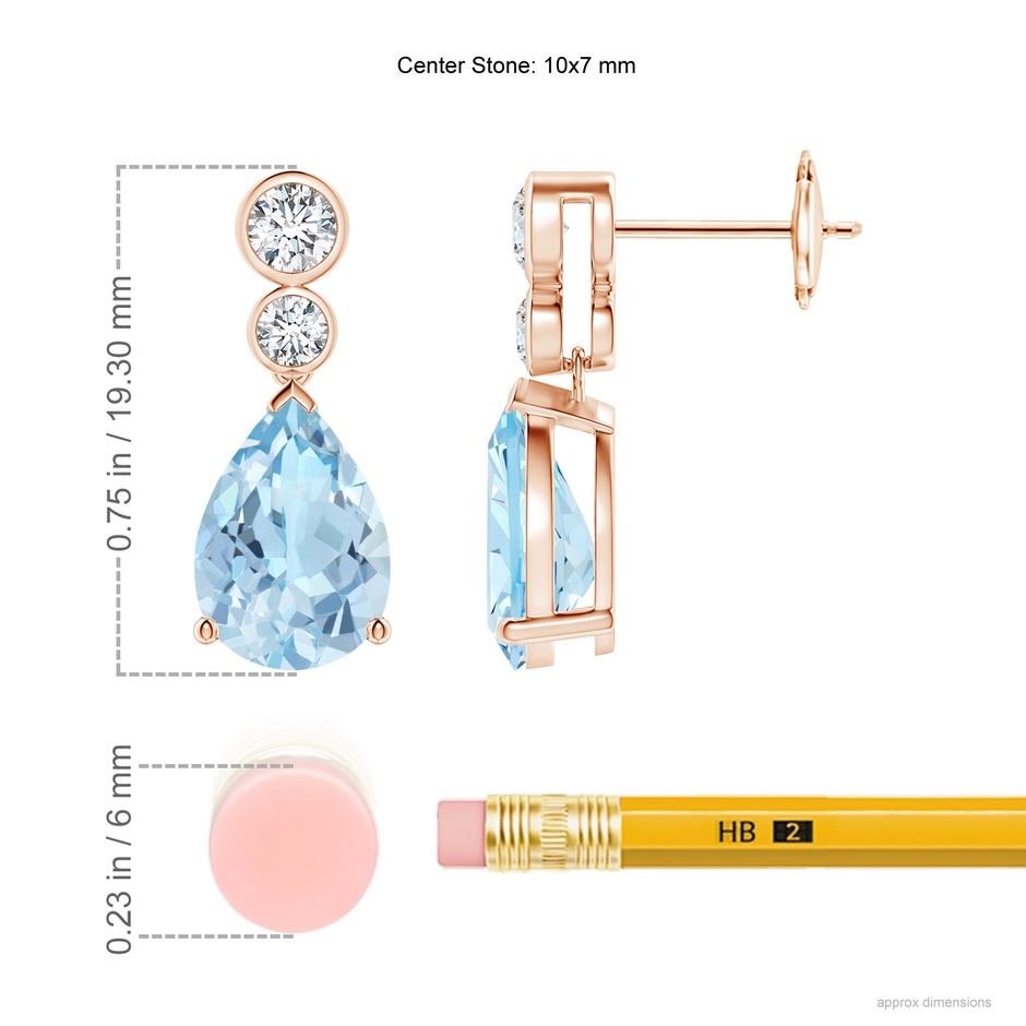 10x7mm AAA Pear Aquamarine Dangle Earrings with Bezel-Set Diamonds in Rose Gold ruler
