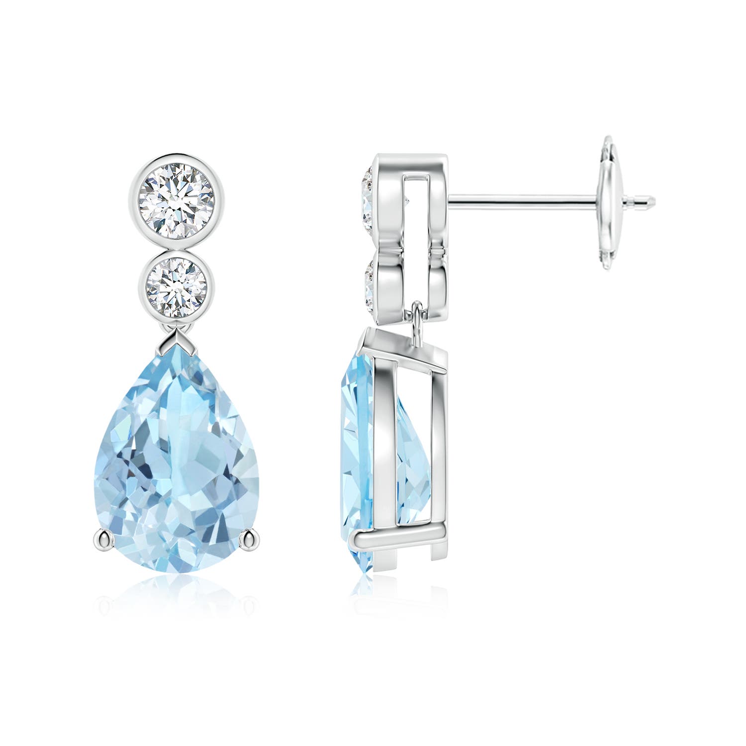 10x7mm AAA Pear Aquamarine Dangle Earrings with Bezel-Set Diamonds in White Gold