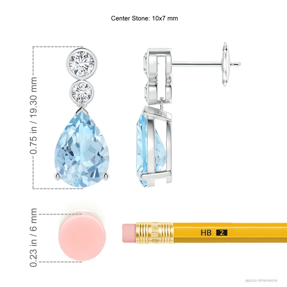 10x7mm AAA Pear Aquamarine Dangle Earrings with Bezel-Set Diamonds in White Gold ruler