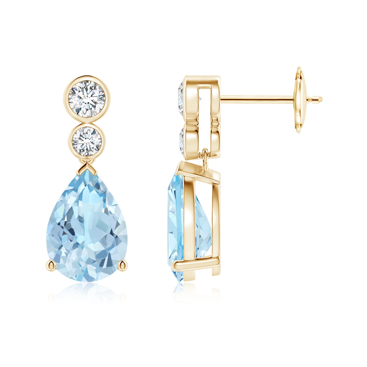 10x7mm AAA Pear Aquamarine Dangle Earrings with Bezel-Set Diamonds in Yellow Gold