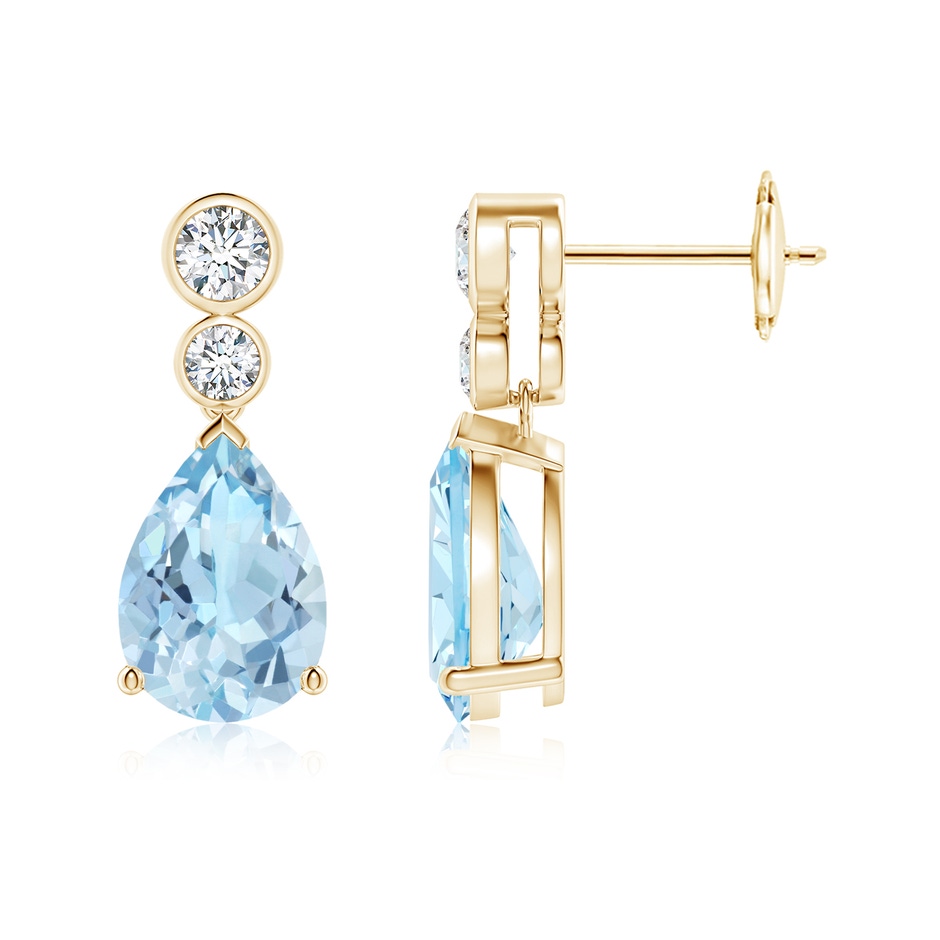10x7mm AAA Pear Aquamarine Dangle Earrings with Bezel-Set Diamonds in Yellow Gold 