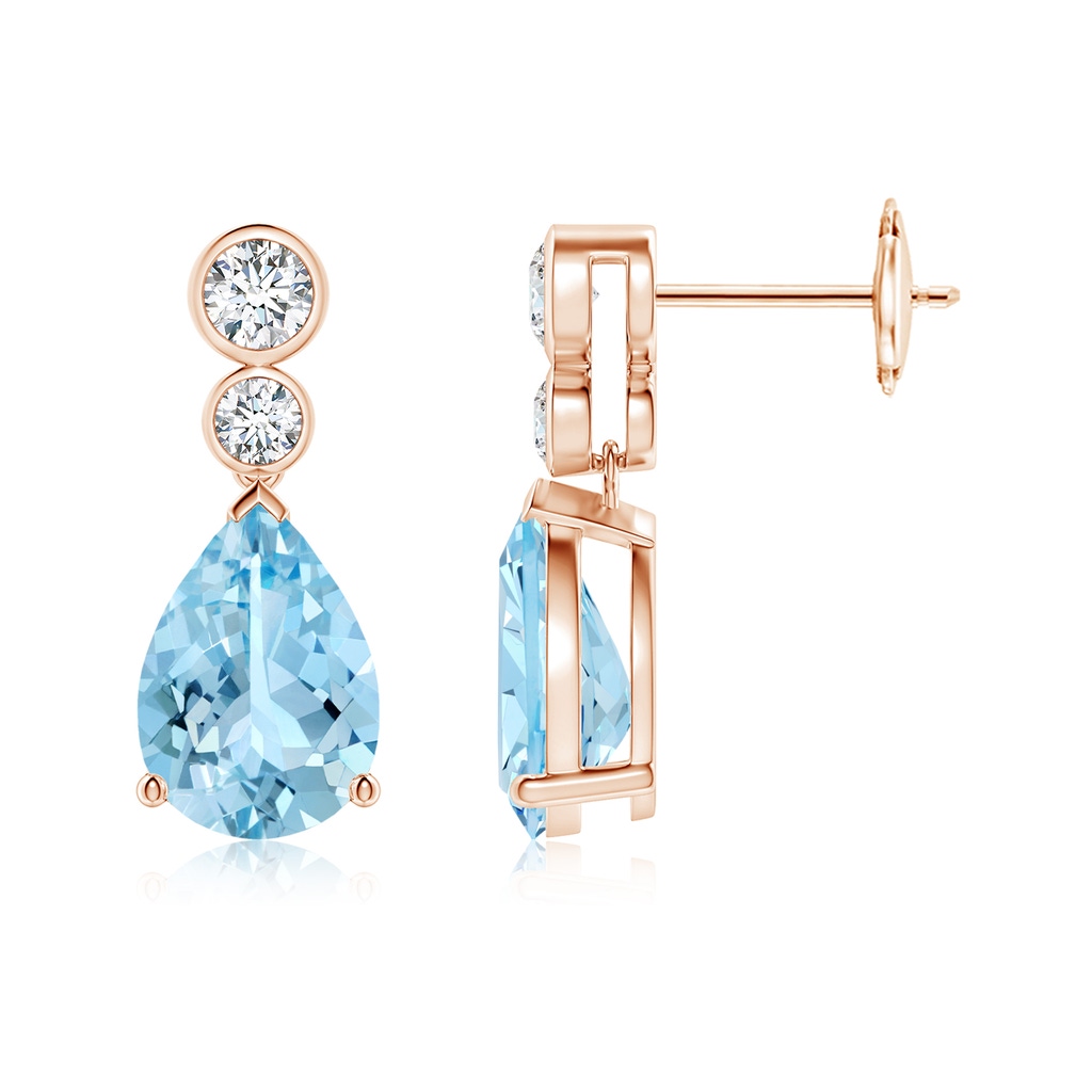 10x7mm AAAA Pear Aquamarine Dangle Earrings with Bezel-Set Diamonds in Rose Gold