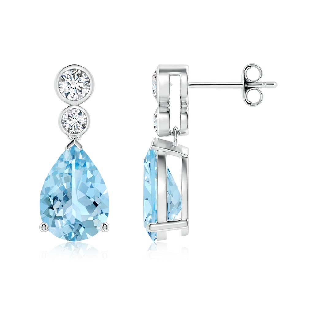 10x7mm AAAA Pear Aquamarine Dangle Earrings with Bezel-Set Diamonds in S999 Silver
