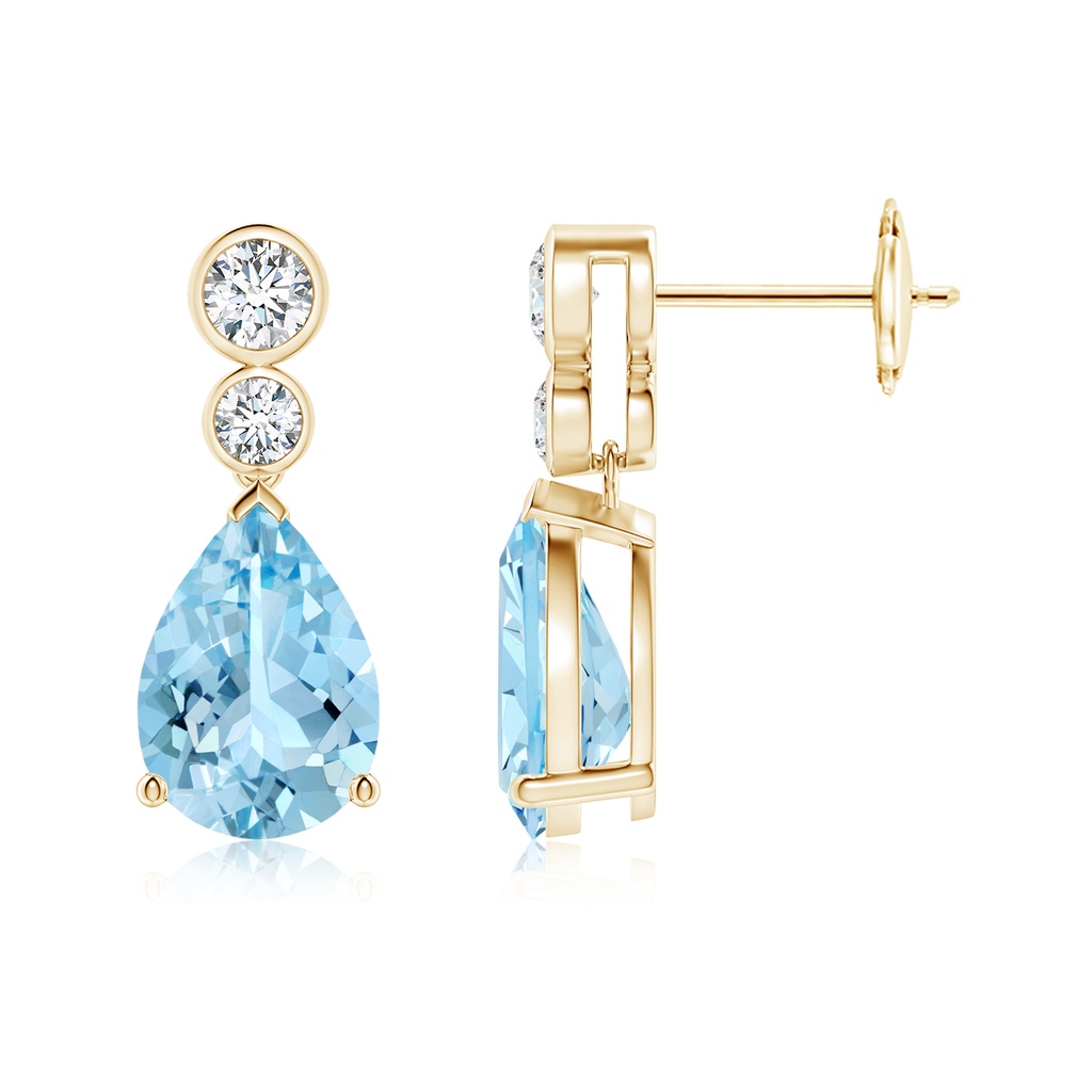 10x7mm AAAA Pear Aquamarine Dangle Earrings with Bezel-Set Diamonds in Yellow Gold