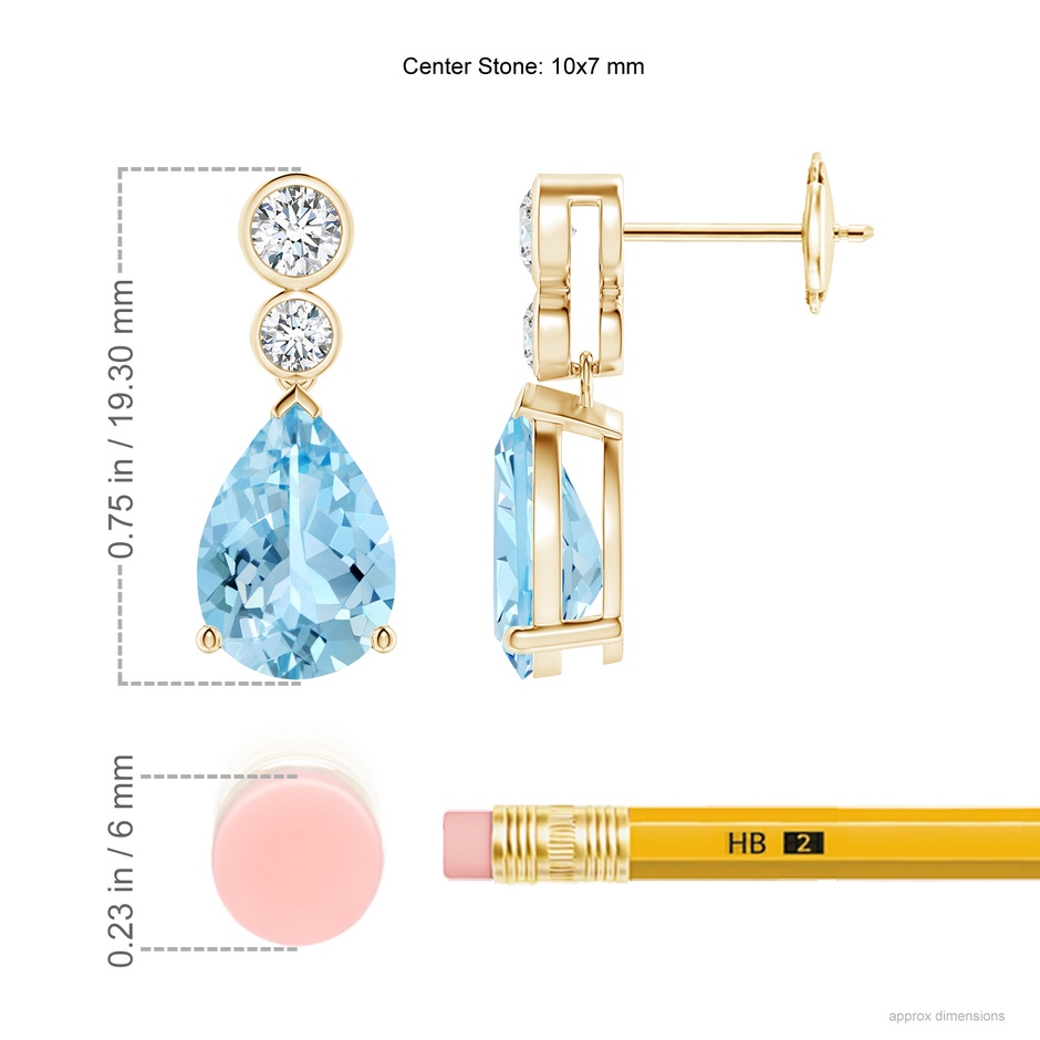 10x7mm AAAA Pear Aquamarine Dangle Earrings with Bezel-Set Diamonds in Yellow Gold ruler