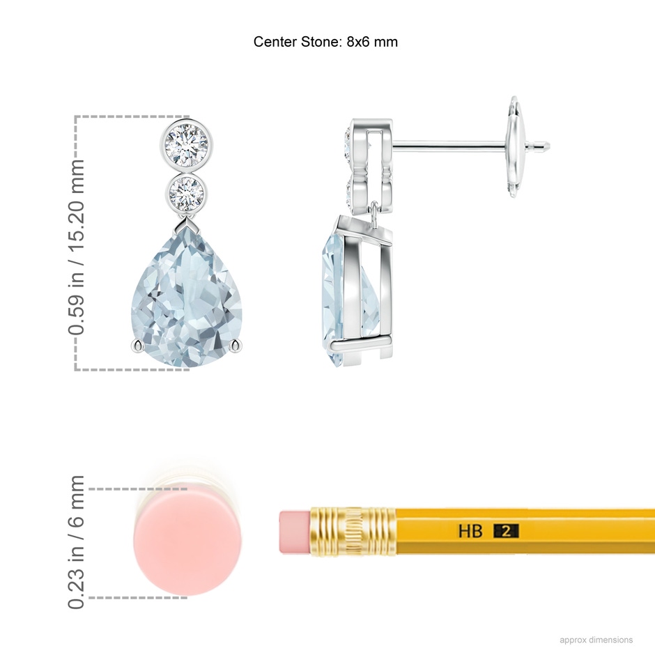 8x6mm A Pear Aquamarine Dangle Earrings with Bezel-Set Diamonds in White Gold ruler
