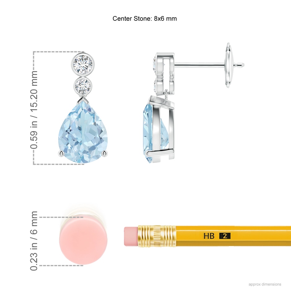 8x6mm AA Pear Aquamarine Dangle Earrings with Bezel-Set Diamonds in White Gold ruler