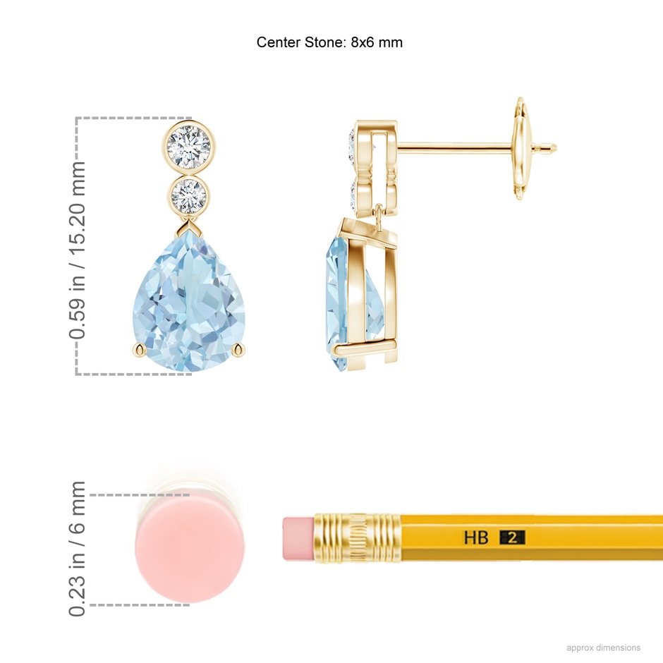 8x6mm AA Pear Aquamarine Dangle Earrings with Bezel-Set Diamonds in Yellow Gold ruler