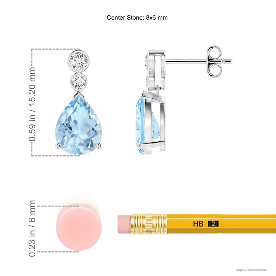 8x6mm AAA Pear Aquamarine Dangle Earrings with Bezel-Set Diamonds in S999 Silver ruler