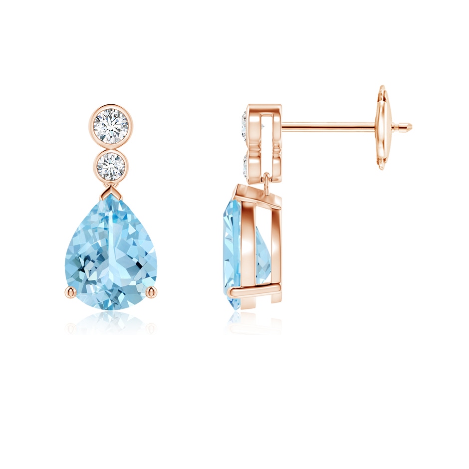 8x6mm AAAA Pear Aquamarine Dangle Earrings with Bezel-Set Diamonds in Rose Gold 
