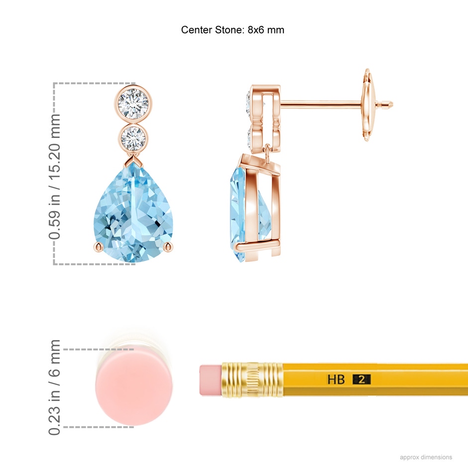 8x6mm AAAA Pear Aquamarine Dangle Earrings with Bezel-Set Diamonds in Rose Gold ruler