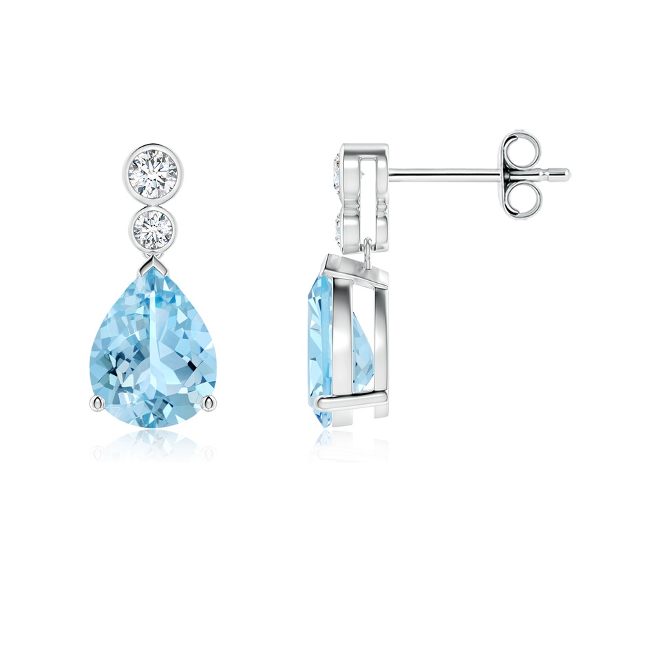 8x6mm AAAA Pear Aquamarine Dangle Earrings with Bezel-Set Diamonds in S999 Silver 
