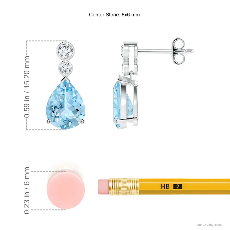 8x6mm AAAA Pear Aquamarine Dangle Earrings with Bezel-Set Diamonds in S999 Silver ruler