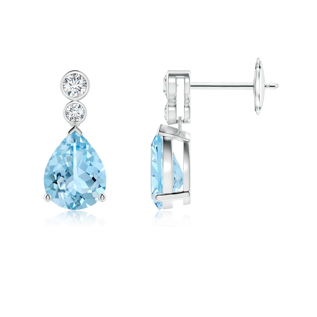 8x6mm AAAA Pear Aquamarine Dangle Earrings with Bezel-Set Diamonds in White Gold