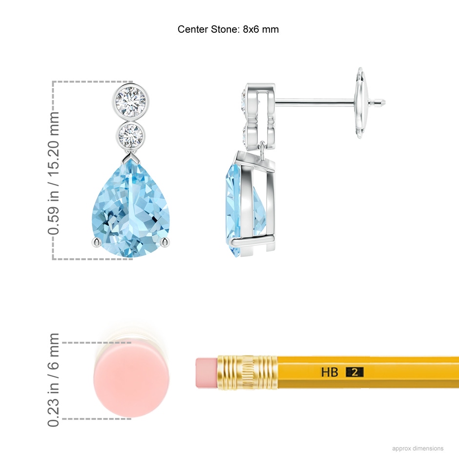 8x6mm AAAA Pear Aquamarine Dangle Earrings with Bezel-Set Diamonds in White Gold ruler