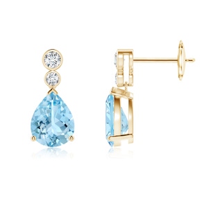 8x6mm AAAA Pear Aquamarine Dangle Earrings with Bezel-Set Diamonds in Yellow Gold