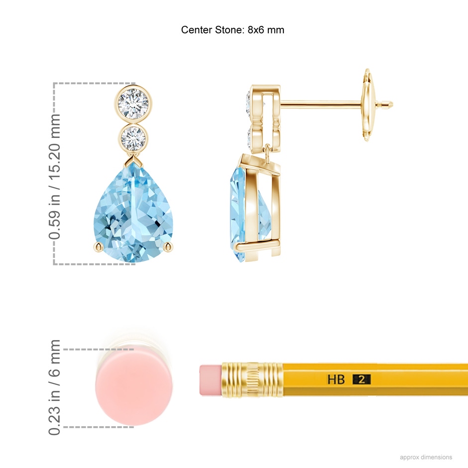 8x6mm AAAA Pear Aquamarine Dangle Earrings with Bezel-Set Diamonds in Yellow Gold ruler