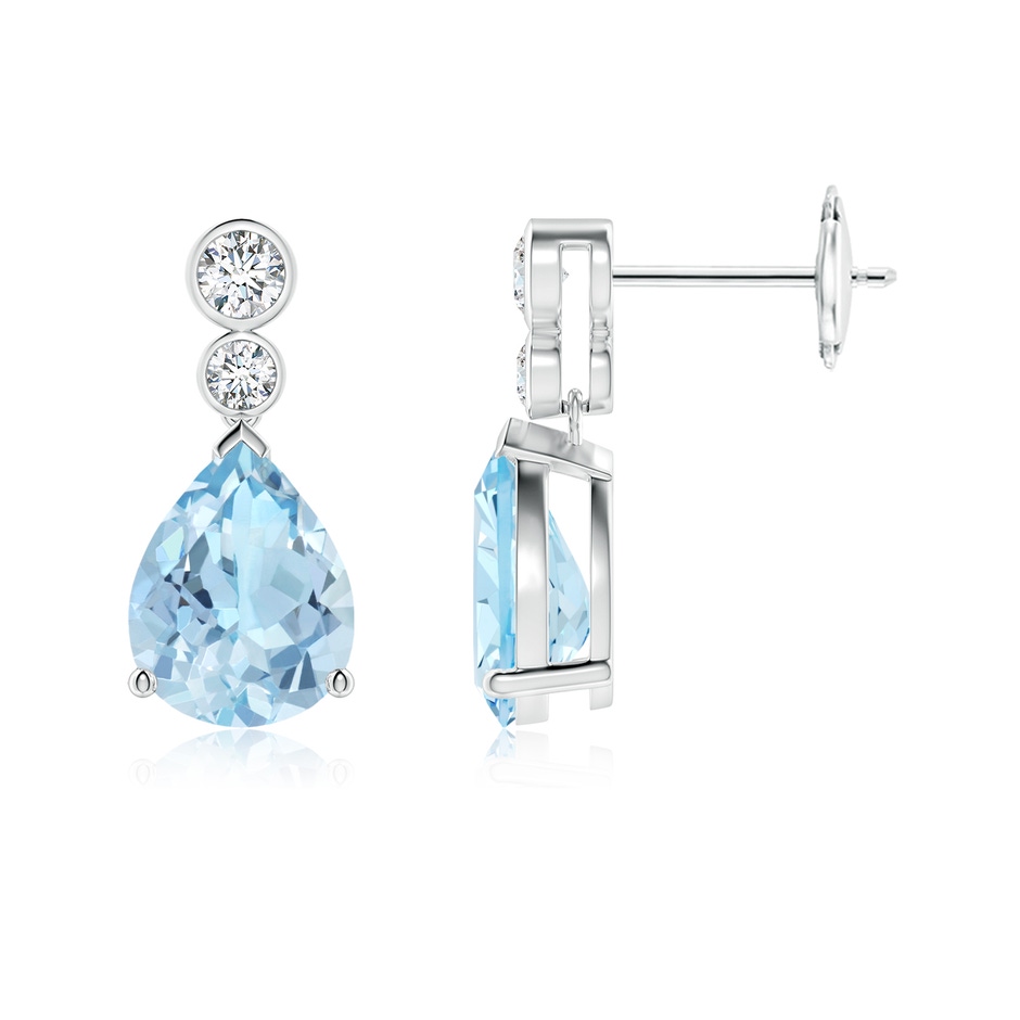 9x7mm AAA Pear Aquamarine Dangle Earrings with Bezel-Set Diamonds in White Gold 