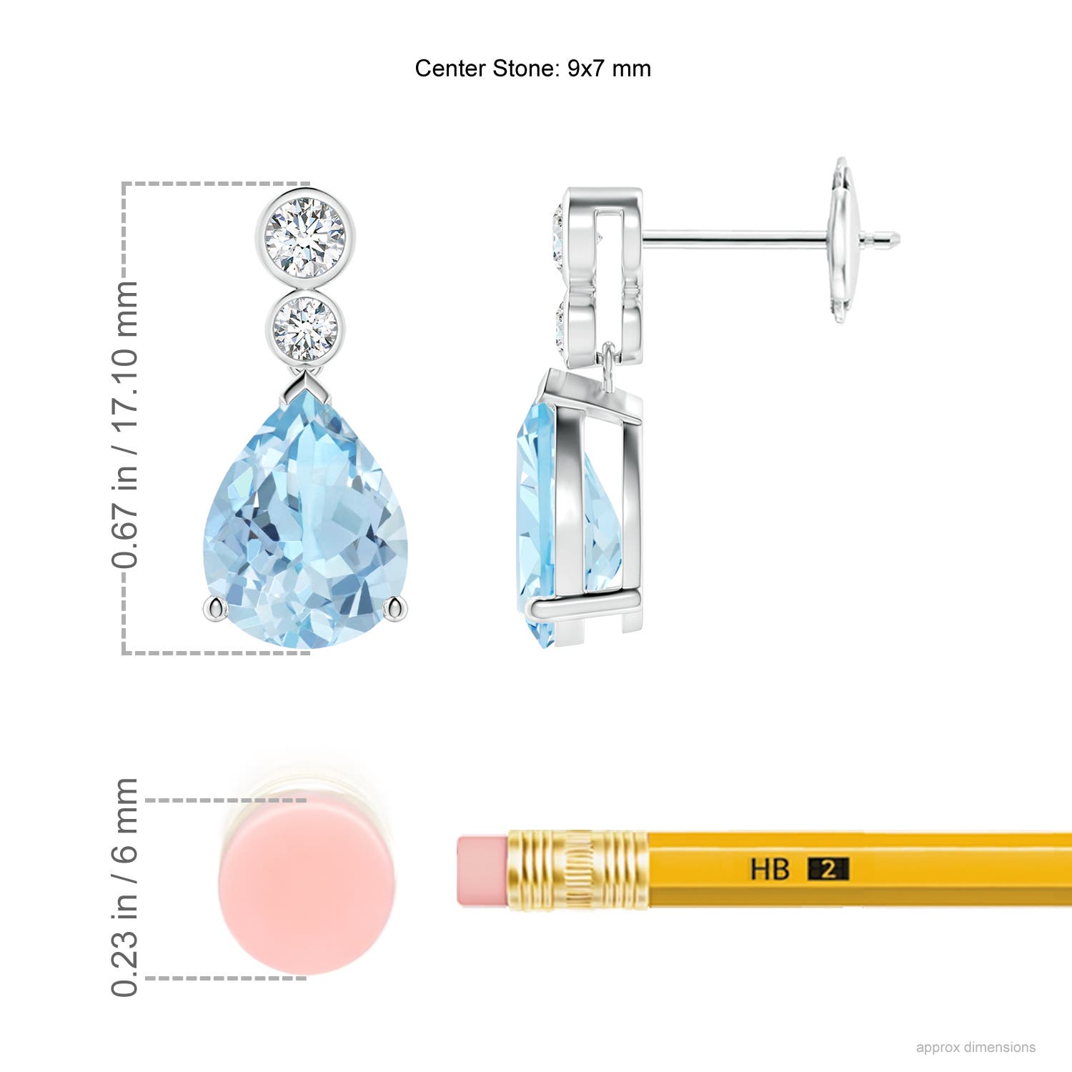 9x7mm AAA Pear Aquamarine Dangle Earrings with Bezel-Set Diamonds in White Gold - ruler