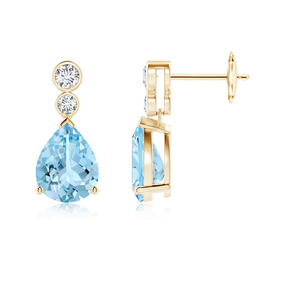 9x7mm AAAA Pear Aquamarine Dangle Earrings with Bezel-Set Diamonds in Yellow Gold 