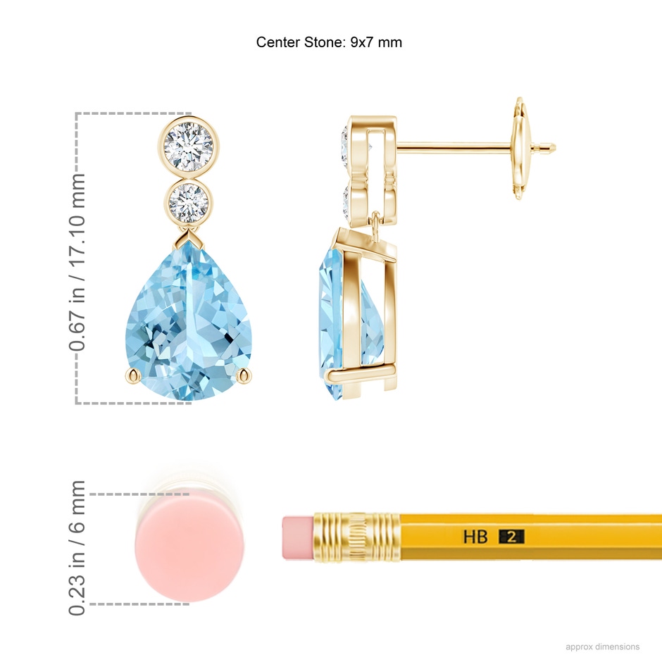 9x7mm AAAA Pear Aquamarine Dangle Earrings with Bezel-Set Diamonds in Yellow Gold ruler