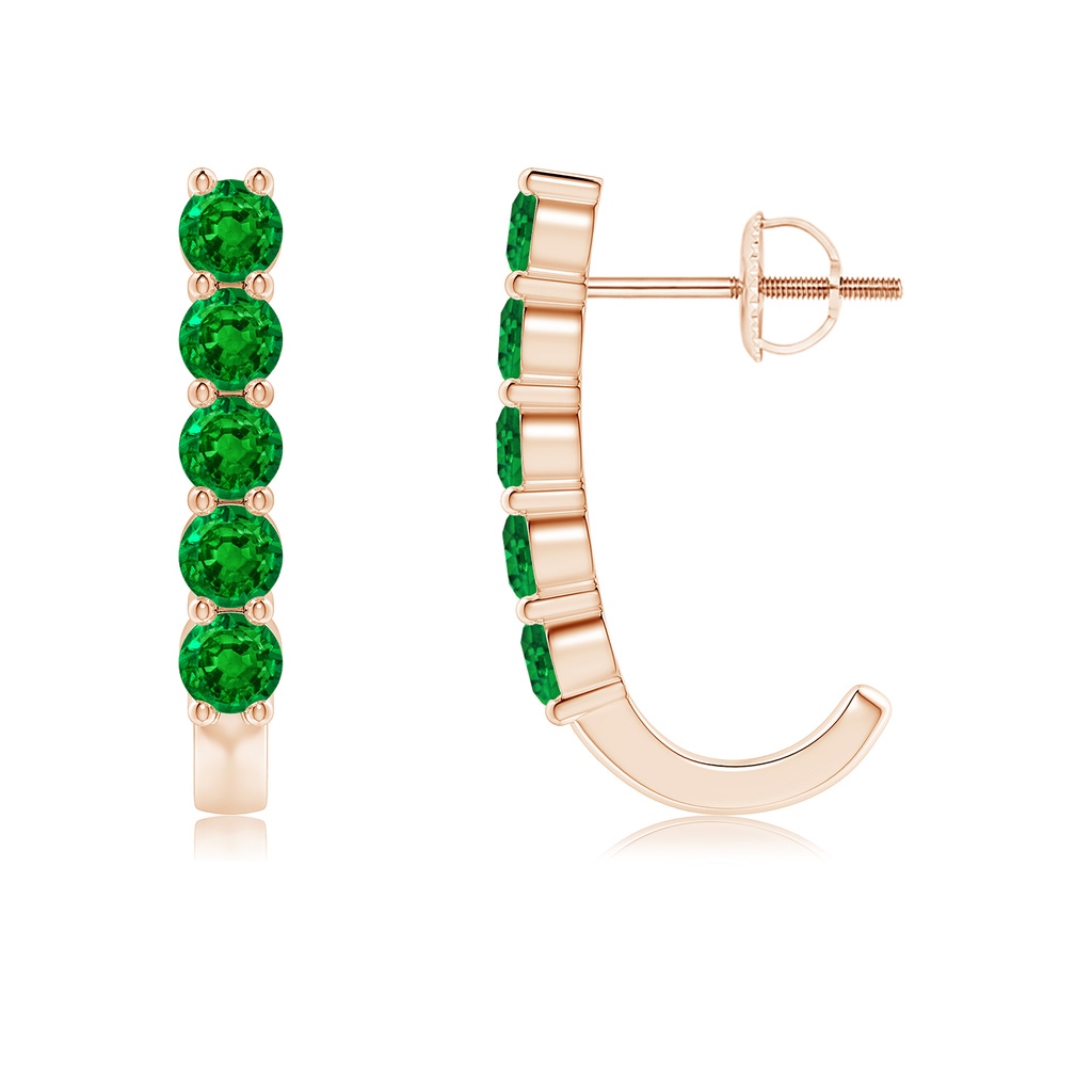 3mm AAAA Round Emerald J-Hoop Earrings in Rose Gold