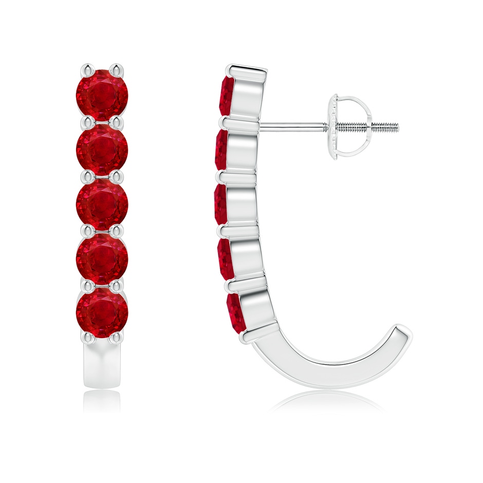 3.5mm AAA Round Ruby J-Hoop Earrings in White Gold 