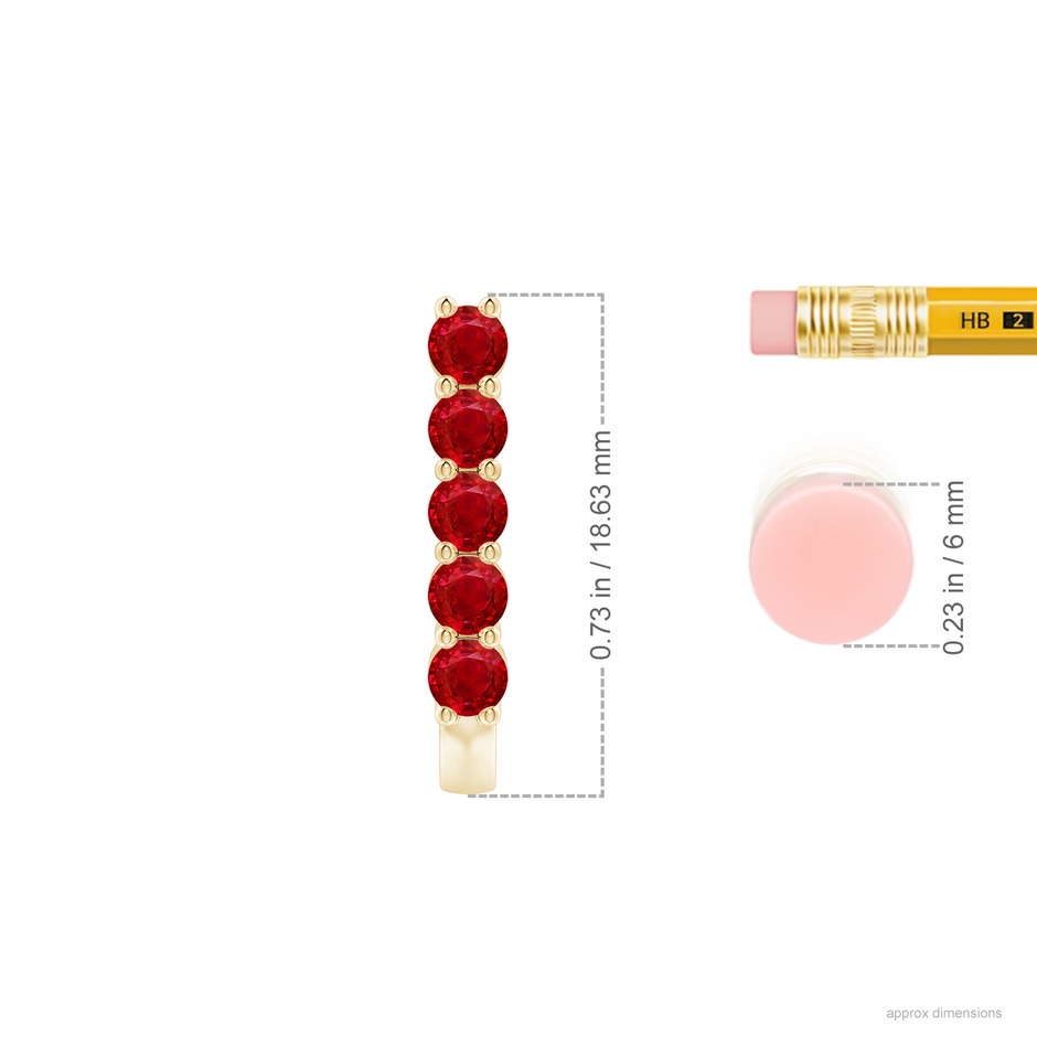 3mm AAA Round Ruby J-Hoop Earrings in Yellow Gold ruler