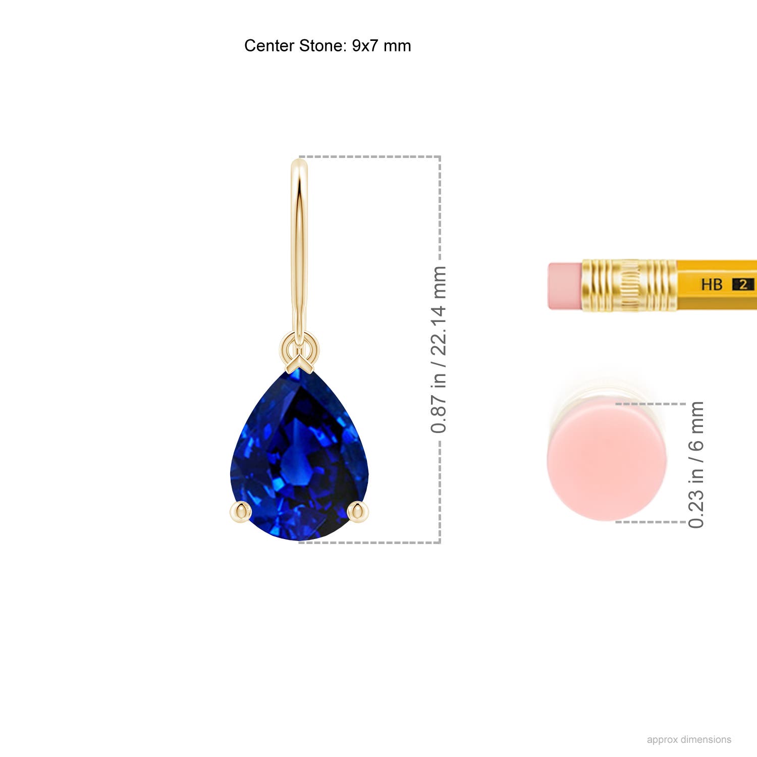 9x7mm AAAA Pear-Shaped Blue Sapphire Solitaire Drop Earrings in Yellow Gold - ruler