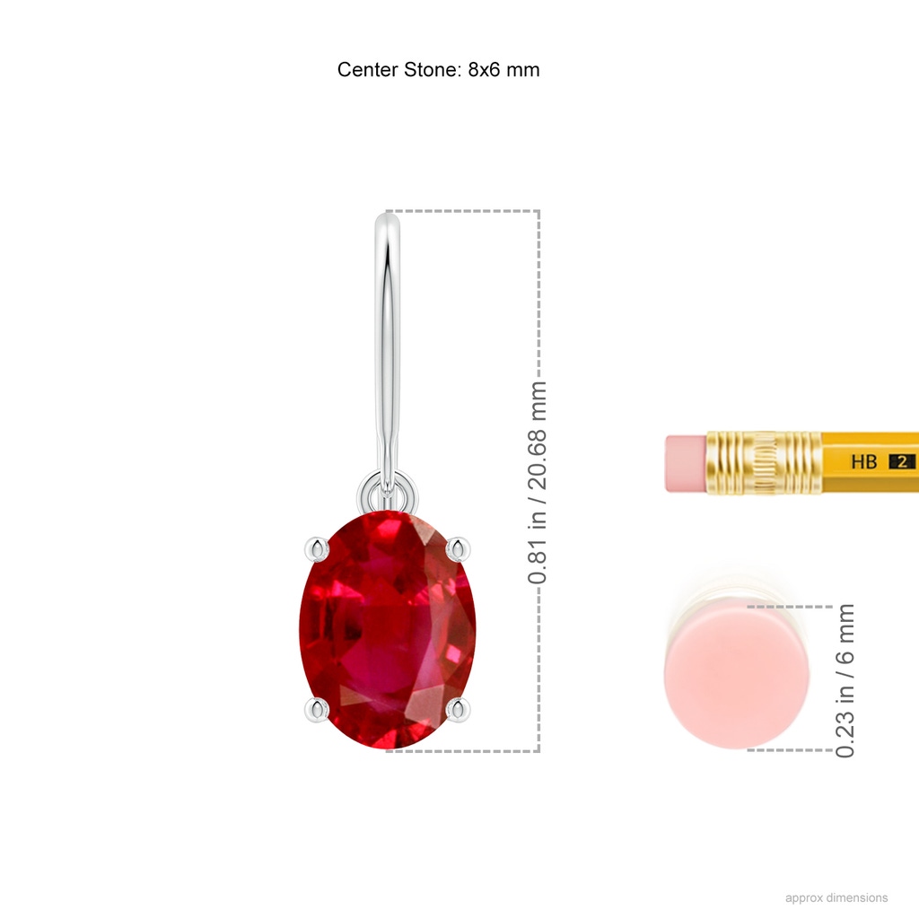 8x6mm AAA Oval Ruby Solitaire Drop Earrings in White Gold ruler