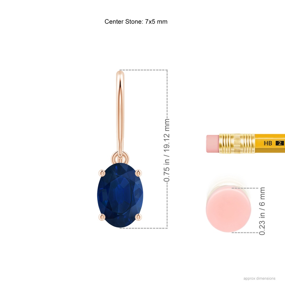 7x5mm AA Oval Blue Sapphire Solitaire Drop Earrings in Rose Gold ruler