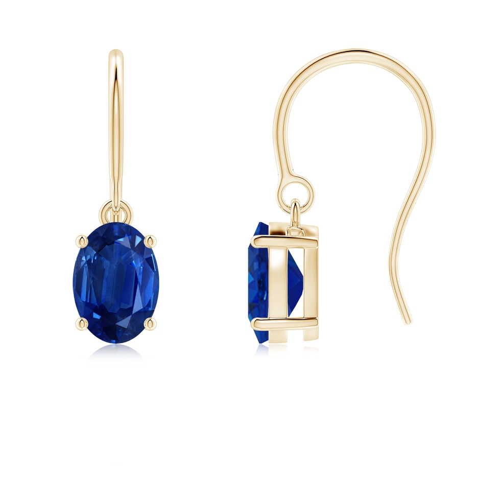 7x5mm AAA Oval Blue Sapphire Solitaire Drop Earrings in Yellow Gold 