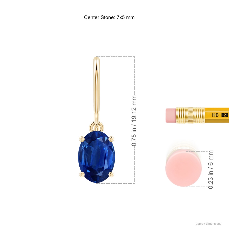 7x5mm AAA Oval Blue Sapphire Solitaire Drop Earrings in Yellow Gold ruler