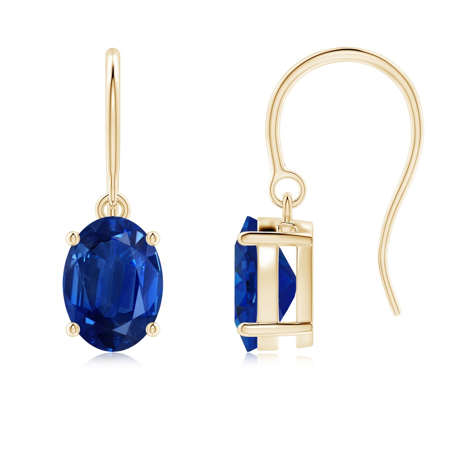 8x6mm AAA Oval Blue Sapphire Solitaire Drop Earrings in Yellow Gold 