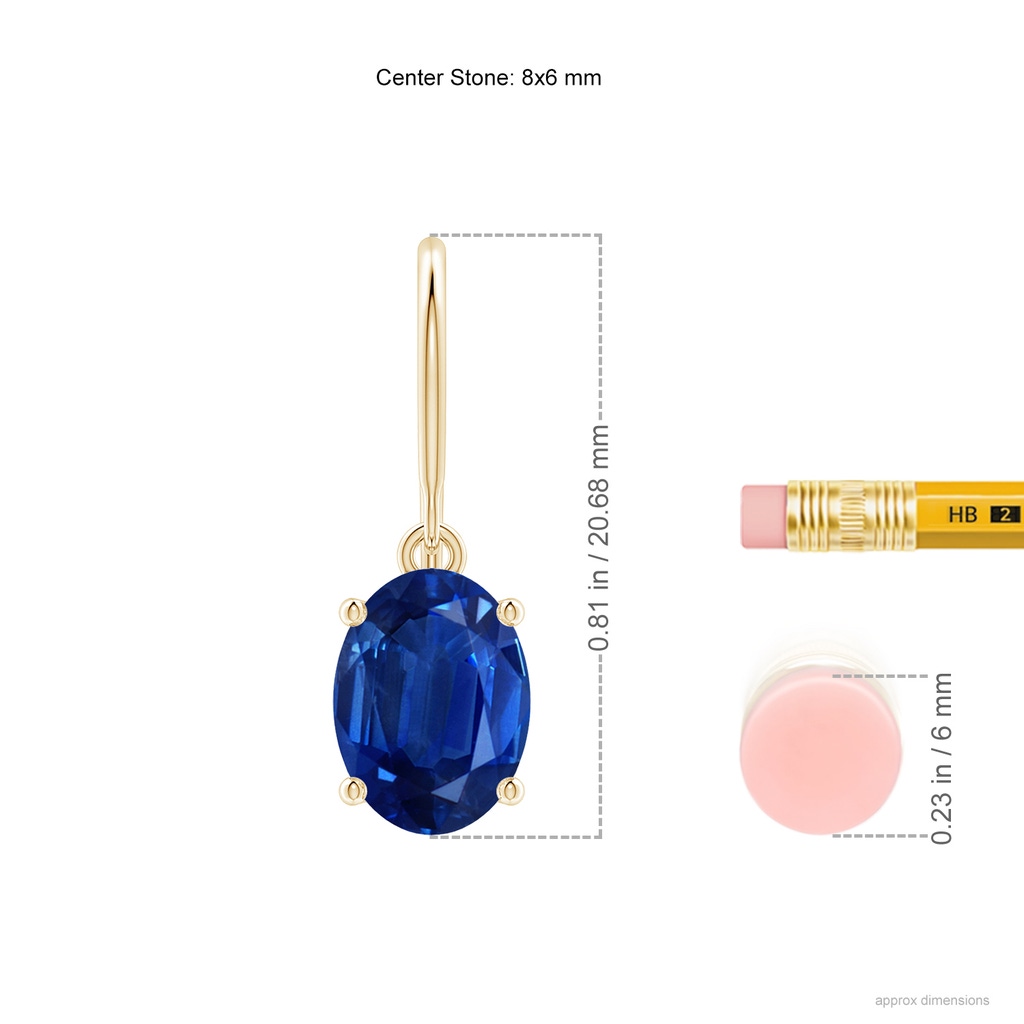 8x6mm AAA Oval Blue Sapphire Solitaire Drop Earrings in Yellow Gold ruler