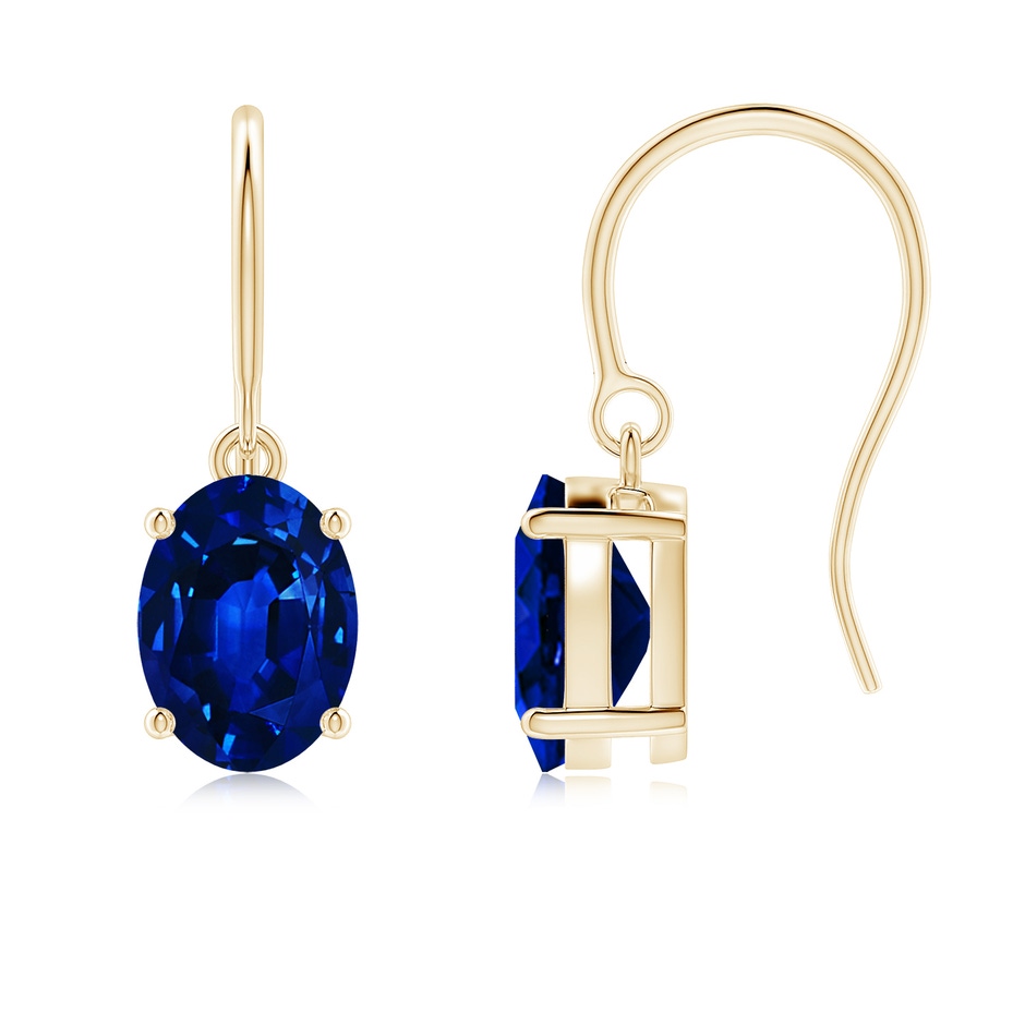 8x6mm AAAA Oval Blue Sapphire Solitaire Drop Earrings in Yellow Gold 