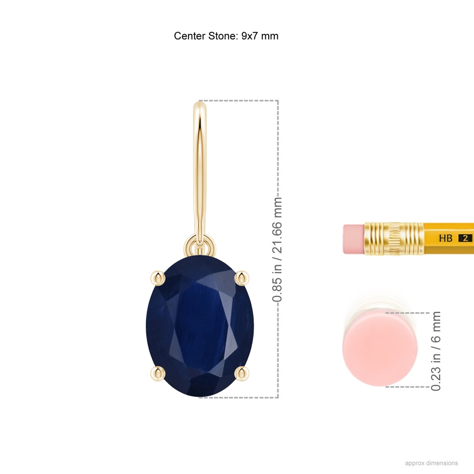 9x7mm A Oval Blue Sapphire Solitaire Drop Earrings in Yellow Gold ruler