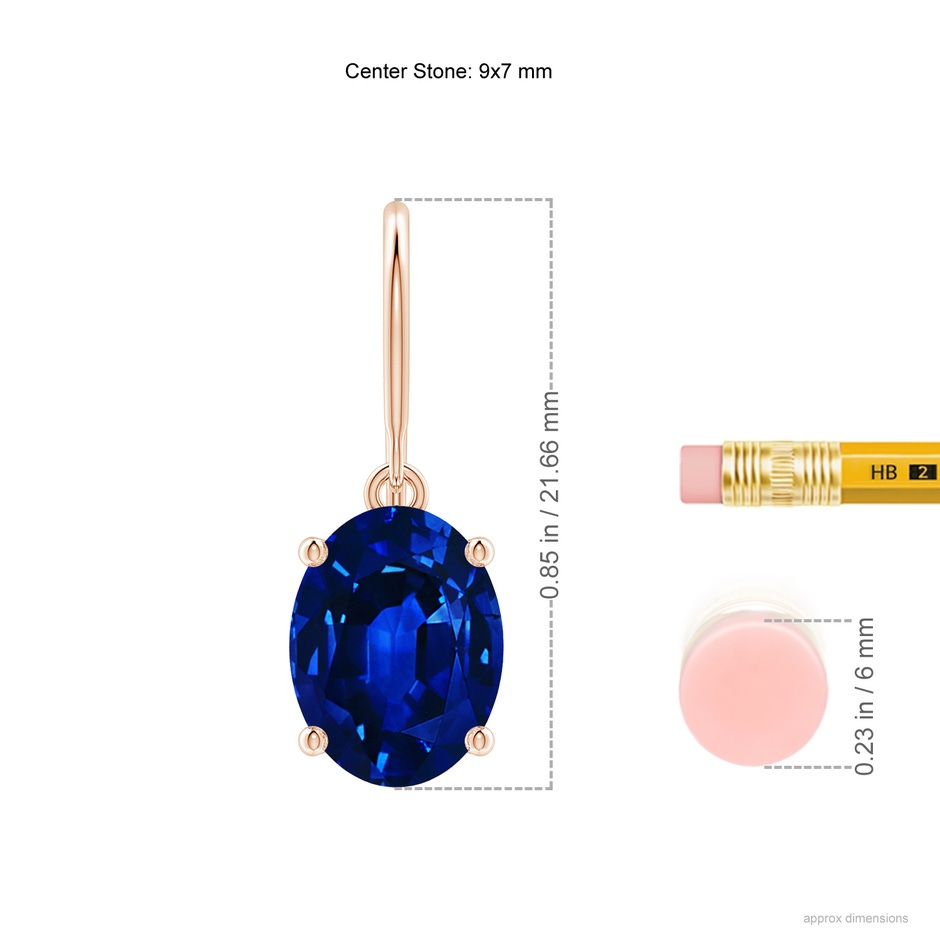 9x7mm AAAA Oval Blue Sapphire Solitaire Drop Earrings in Rose Gold ruler