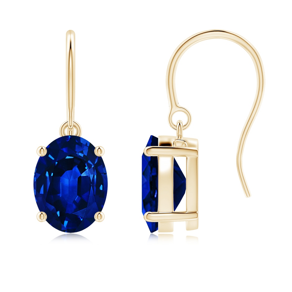 9x7mm AAAA Oval Blue Sapphire Solitaire Drop Earrings in Yellow Gold 