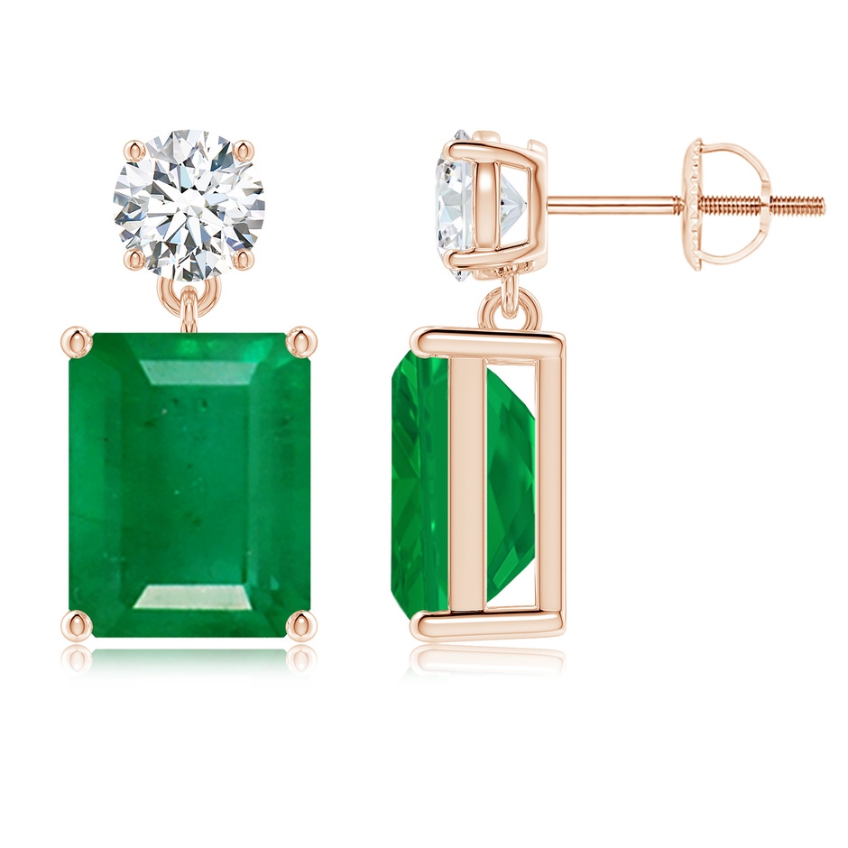 10x8mm AA Emerald-Cut Emerald Drop Earrings with Diamond in 9K Rose Gold 