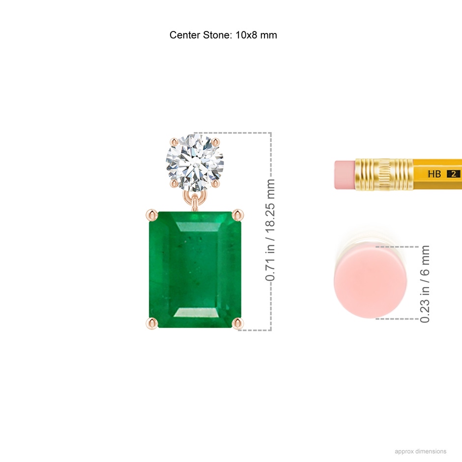 10x8mm AA Emerald-Cut Emerald Drop Earrings with Diamond in 9K Rose Gold ruler