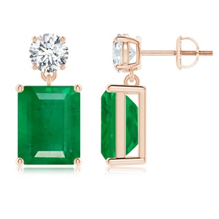 10x8mm AA Emerald-Cut Emerald Drop Earrings with Diamond in Rose Gold