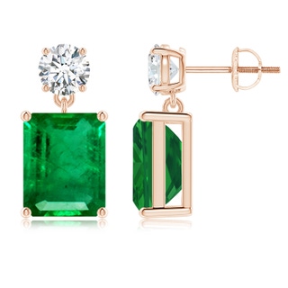 10x8mm AAA Emerald-Cut Emerald Drop Earrings with Diamond in Rose Gold