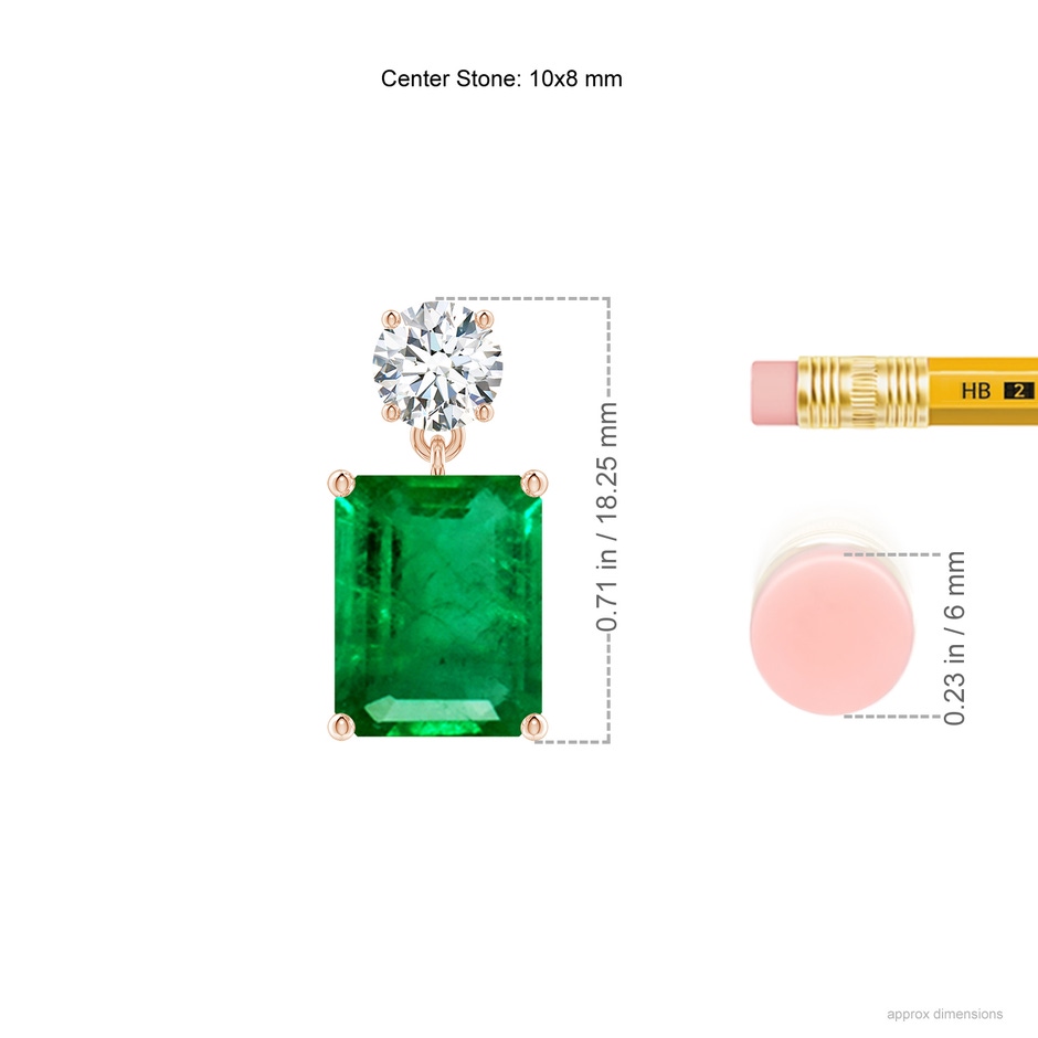 10x8mm AAA Emerald-Cut Emerald Drop Earrings with Diamond in Rose Gold ruler